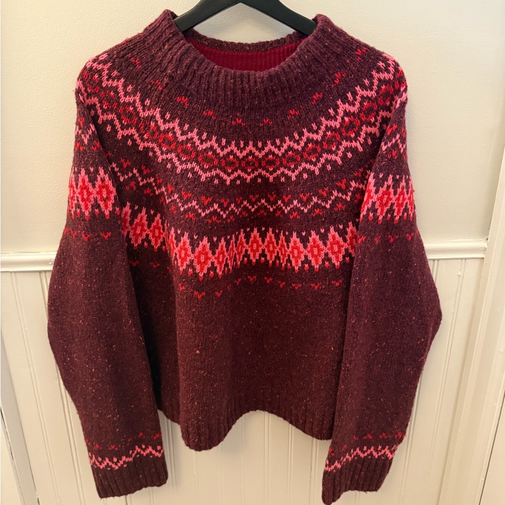 NWOT Women's J. Crew Fairisle Sweater - Burgundy and Pink